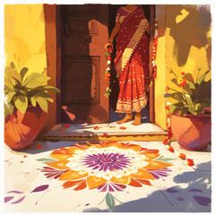 Colorful rangoli pattern adorning a home's entrance. And woman in a saree at the doorstep. Holiday and cultural concept. Illustration for festive poster, greeting card, postcard or invitation.
