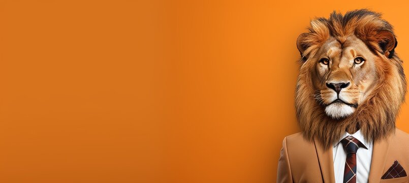 Anthropomorphic lion in business suit at office, on plain wall with space for text customization.