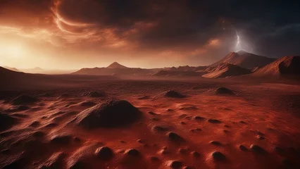 Fototapeten sunrise in the desert _A red planet with a clayey surface and volcanoes. The planet has a high temperature   © Jared