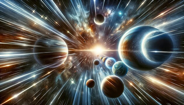 A Dazzling Visual Of Celestial Orbs And Radiant Light Streams Emanating From A Central Luminous