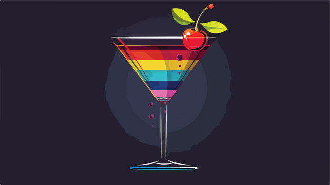 Rainbow cocktail glass. Cherry with leaf. Drink g