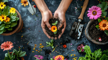 Top view of hands holding colorful flower to plant with gardening tools
