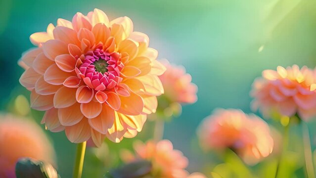 Pink dahlia field in the spring with beautiful sunlight. Beautiful field with pink and yellow dahlia flowers, 4k video garden filled with sun light and dahlias beauty background