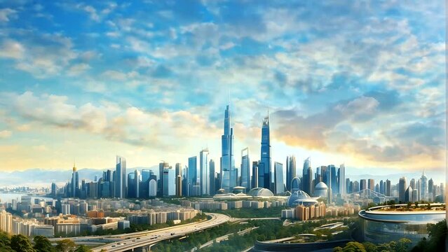 A city with skyscrapers and a river in the distance