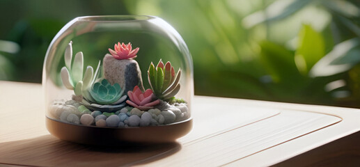 Fototapeta na wymiar A glass terrarium with succulent plants and decorative stones.