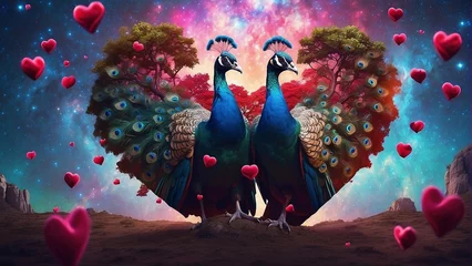 Rolgordijnen Peacocks couple under love tree © alhaitham