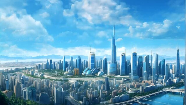 A city with skyscrapers and a river in the distance