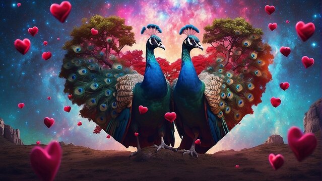 Peacocks couple under love tree