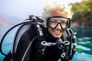Portrait of happy senior woman with scuba gear smiling at camera