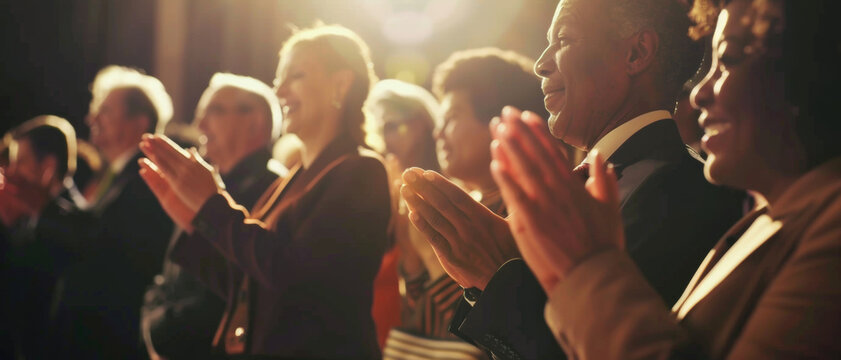 Audience clapping warmly, captured in a glow of satisfaction and shared joy at an event