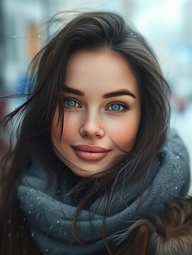portrait of an attractive brunette woman in a scarf on the city street