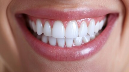 Close up of a beautiful smile with shining white teeth. Healthy beautiful female smile. Teeth health, whitening, prosthetics and care. AI