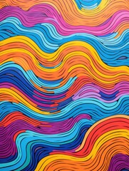 A painting featuring a dynamic wave formed by a multitude of colorful lines swirling and intersecting in a vibrant display of movement and energy.