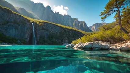 The water is very clear in the river above the green and beautiful mountains