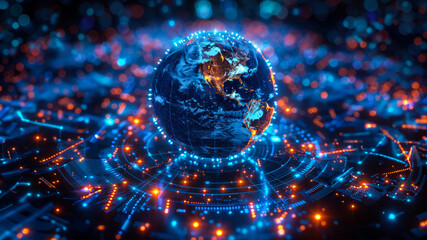 The vibrant hues of blue and orange radiate from a luminous sphere, representing the beauty and diversity of our planet
