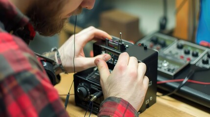 Radio transmitting station. Radio astronomer. Radio amateur setting up equipment.