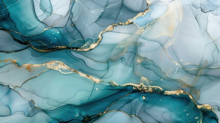 Luxurious abstract fluid art painting in alcohol ink, dreamy wallpaper with transparent waves and golden swirls. Ideal for posters, banners, packaging, and other printed materials