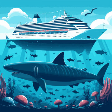 megalodon shark with ship size comparison illustration