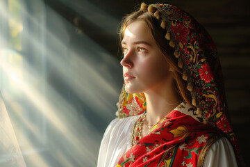Timeless Beauty in Sunbeams - Young Woman in a Slavic Traditional Scarf