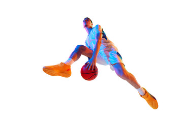 Low angle view. Basketball player performing dynamic dribbling in jump against white studio background in neon light. Concept of professional sport, energy, strength and power, match, tournament. © Lustre Art Group 