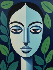 A painting depicting the face of a woman intricately surrounded by lush green leaves, creating a harmonious blend of nature and human form.