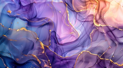 Dreamy wallpaper design crafted from luxurious abstract fluid art painting in alcohol ink, characterized by transparent waves and golden swirls. Perfect for posters, banners, packaging