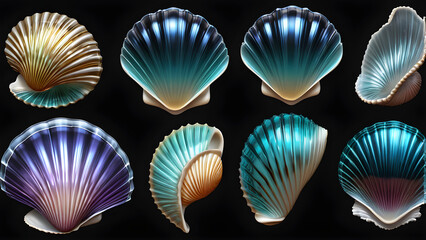 glassy a sea shell set on a black background. set of seashells