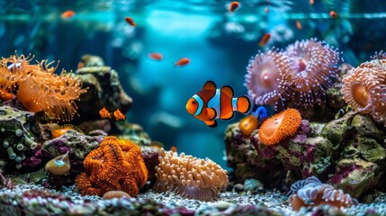 Colorful royal gramma fish swimming among vibrant corals in saltwater aquarium environment