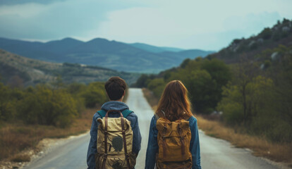 Close up back view of young man and woman with a travel backpack on back stand on empty road. Joyful free travel concept	
