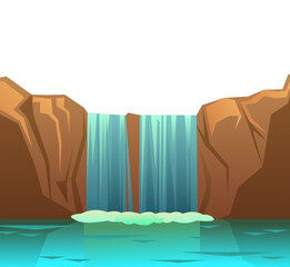 Waterfall in rocks. Landscape with rocks and river among stones. Water is flowing. Splashes are pouring. Cartoon fun style. Flat design. Isolated on white background. Vector.