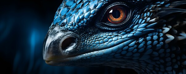Sharp focus on raptor with vibrant face lights and striking blue eye. Concept Raptor Photography, Vibrant Lights, Striking Eye, Sharp Focus, Wildlife Portraits - obrazy, fototapety, plakaty