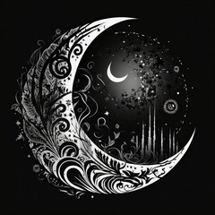 a black and white drawing of a crescent moon with feathers and swirls on a black background