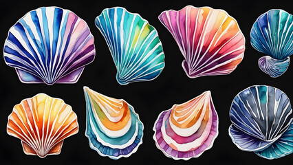 color doodle sea shell set on black background. set of shells - obrazy, fototapety, plakaty
