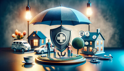 The insurance concept features a shield symbolizing protection alongside a family model under an umbrella to represent security, protection, and health insurance.