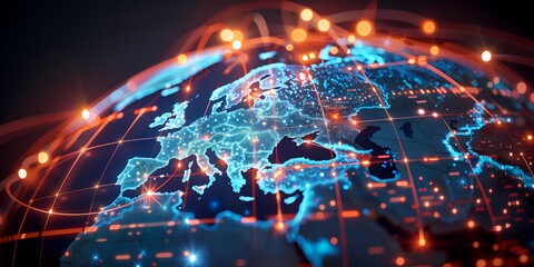 Digital world globe centered on Europe, concept of global network and connectivity on Earth, data transfer and cyber technology, information exchange and international telecommunication