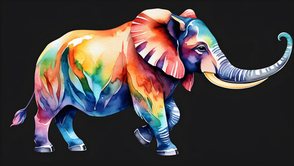 watercolor painted animals isolated clipart hand drawn design elements isolated on black background. illustration of an elephant in black - obrazy, fototapety, plakaty