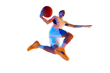 Athletic man doing basketball dunk in motion against white studio background in vivid mixed neon light, filter. Concept of professional sport, energy, strength, power, match, championship, tournament. © Lustre Art Group 