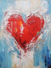 A painting featuring a bold red heart against a vibrant blue background, creating a striking contrast and a focal point in the artwork.