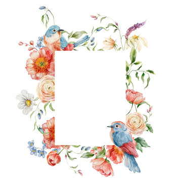 Watercolor frame of bouquet with peonies, ranunculi and song birds. Hand painted card of floral elements isolated on white background. Holiday flowers Illustration for design, print or background.