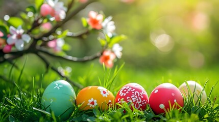 Fototapeta na wymiar Colorful Easter eggs with blooming branches on green grass background Copy space