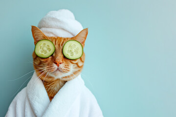 Cat relaxing in spa with cucumber slices on eyes. Cute cat in a bathrobe and turban on spa treatments. Beauty procedures, wellness, beauty, relaxation concept. Pet grooming, domestic pets treatment