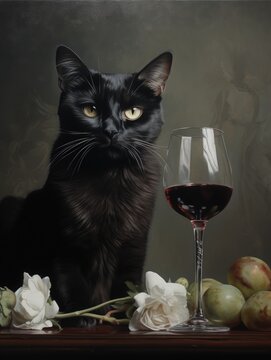 A black cat is sitting next to a glass of wine on a table in a room.