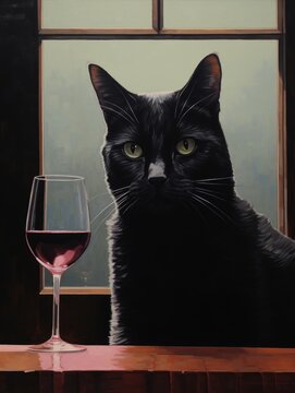 A painting depicting a black cat sitting next to a wine glass on a table, capturing a simple yet elegant scene.