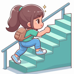 Cartoon education illustration of a boy with a backpack climbing the stairs