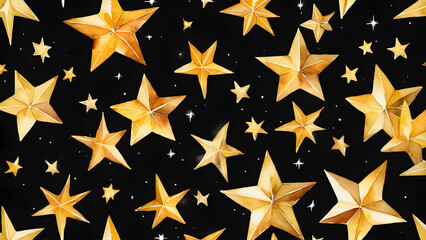 Fototapeta premium watercolor painted golden stars night time clipart hand drawn design elements isolated black background. stars background