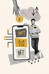 Vertical collage young man successful online trader businessman high earnings rich investor nft bitcoin virtual currency market smartphone