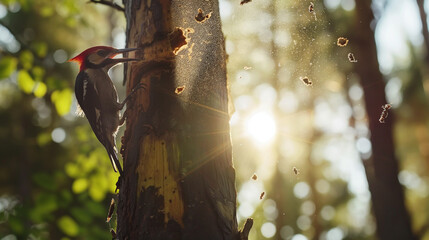 A woodpecker hammers a pine trunk.