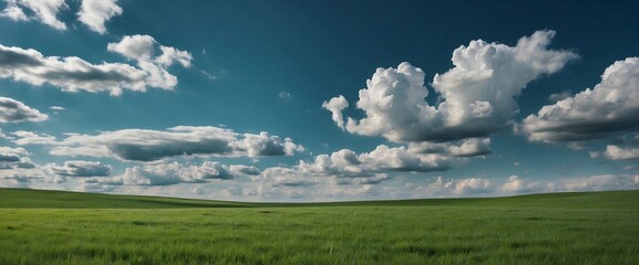 Field with short green grass under a blue sky with white clouds