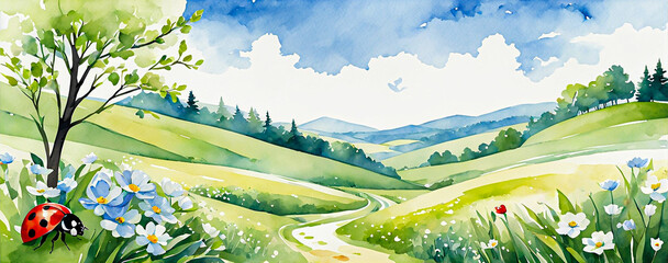 Landscape with green grass and blue sky. Illustration in watercolor style.