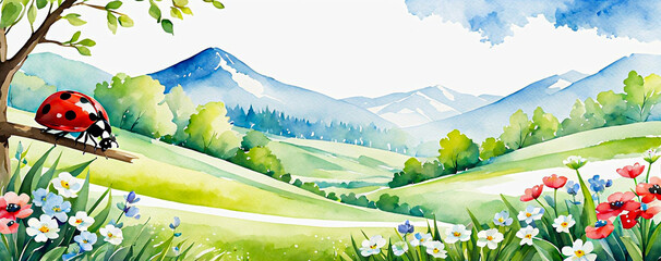 Ladybug on a green grass. Spring landscape Illustration in watercolor style.
